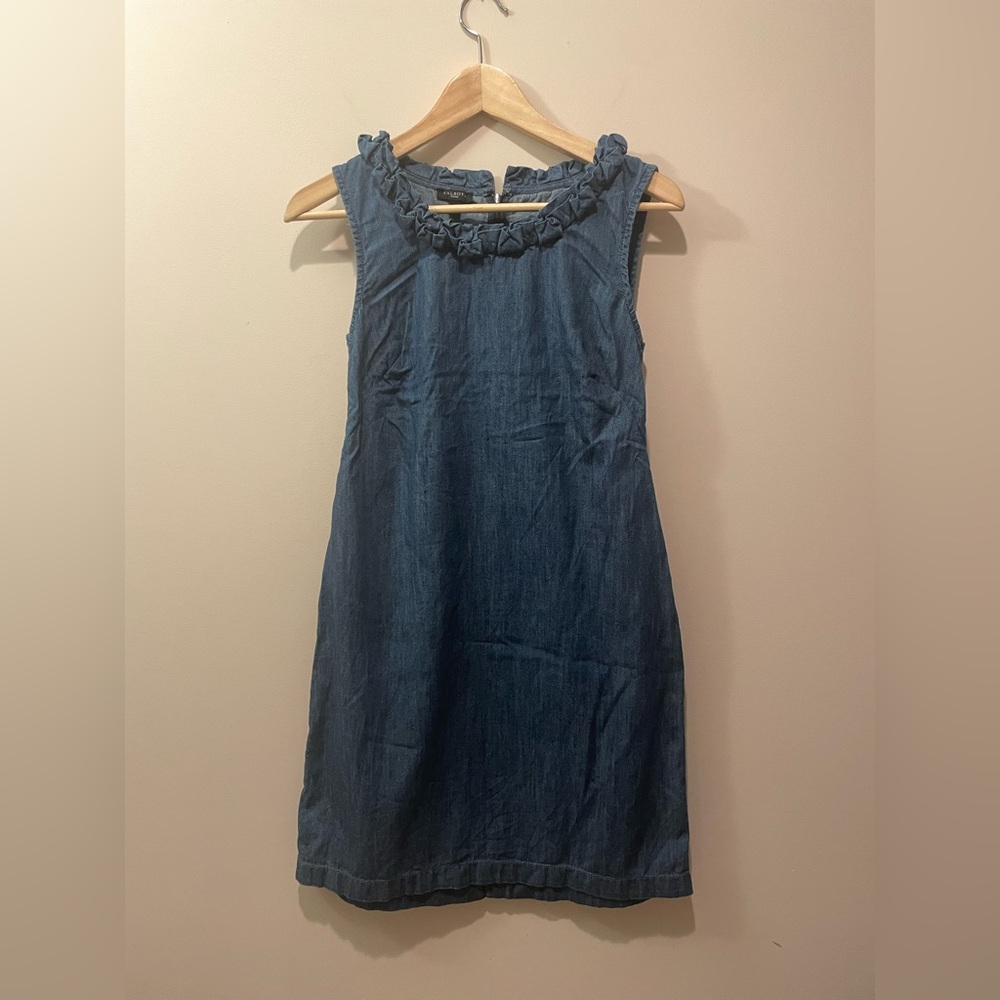 Talbots Dark Blue Sleeveless Chambray Mini Dress with Ruffled Neckline